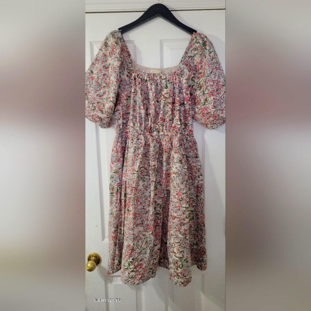 Pink and Green Tiered Midi Sundress with Puff Sleeves DownEast medie dress size